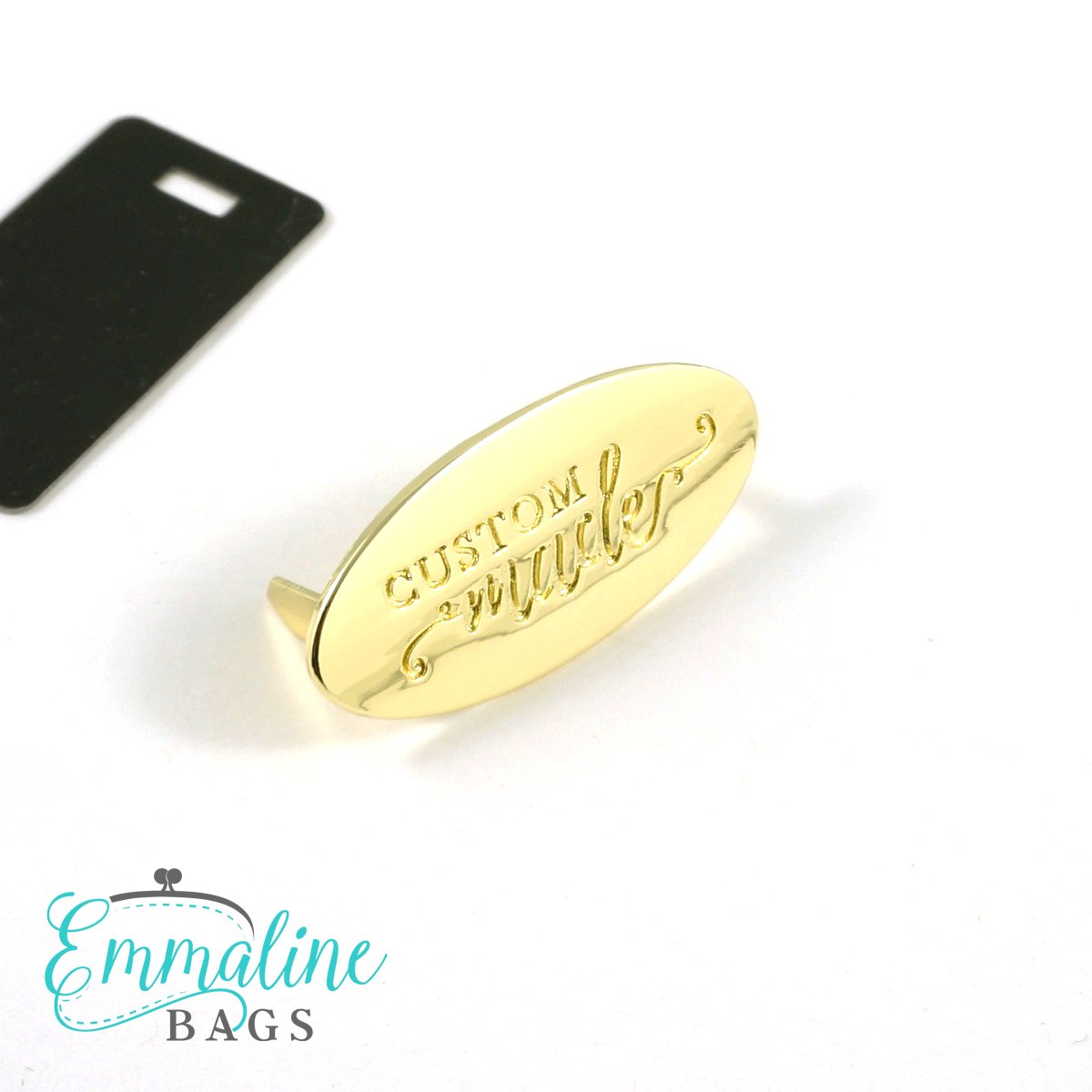 Custom_Made_Oval_Bag_Label_Gby_Emmaline_Bags_1200x1200 Emmaline Bags Oval Metal Bag Label "Custom Made" in Gold - Image 1