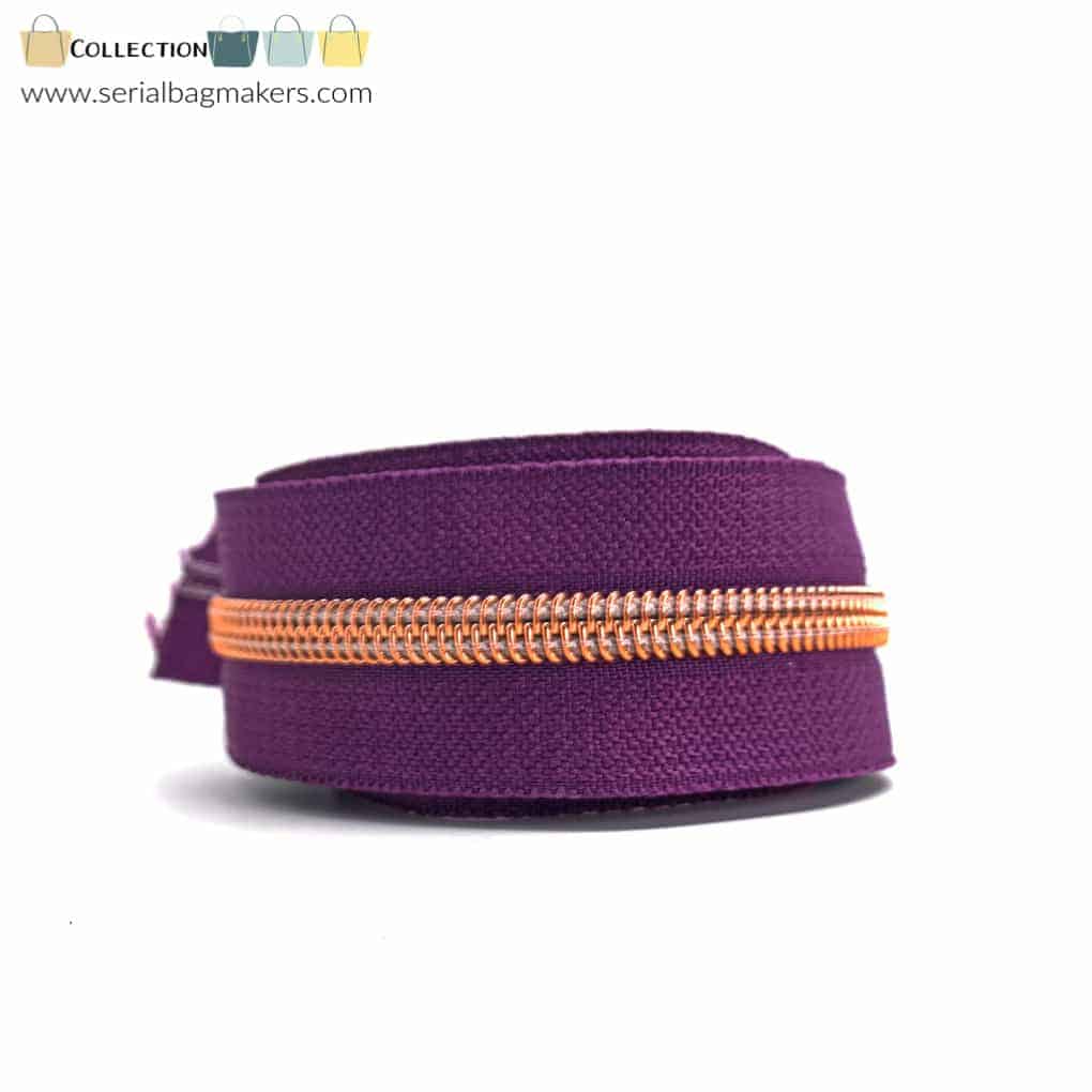 bty5-aubergine-rosegold Serial Bagmakers #5 Zip by the Yard 3 Metres - Aubergine Tape Multiple Coil Options - Image 1
