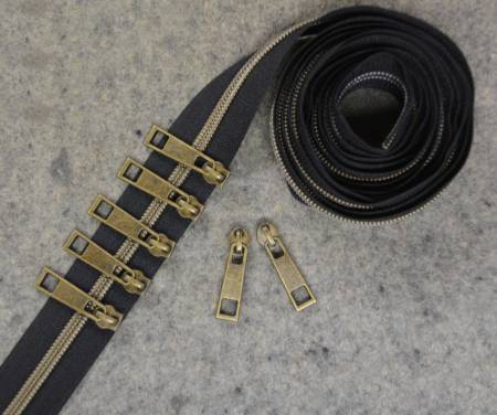 BLK-BRZ Decorating Diva Black Zipper Tape with Bronze Coil And Matching Zip Pulls - Image 1