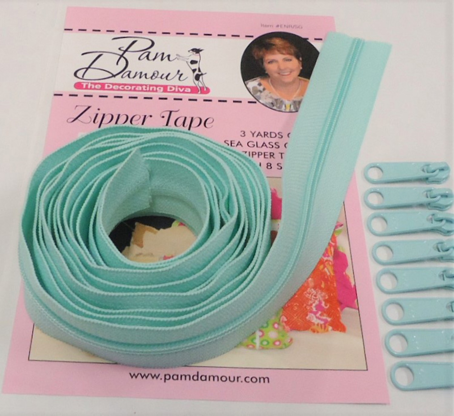 ENR-SG Decorating Diva Zipper Tape with Matching Zip Pulls in Sea Glass Green - Image 1