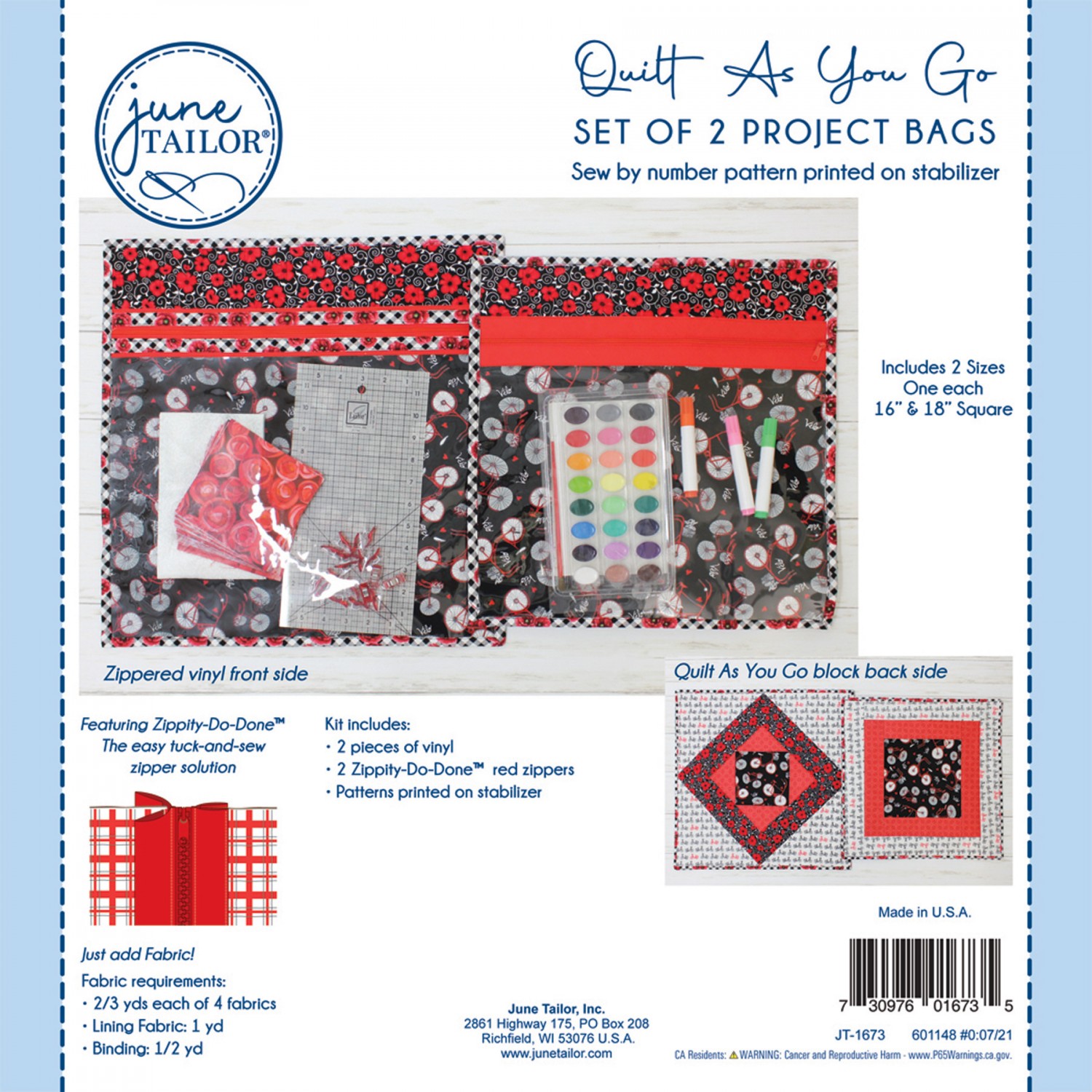 JT-1673 zippity do done red Quilt As You Go Zippity Do Done Set Of 2 Project Bags - Red - Image 1