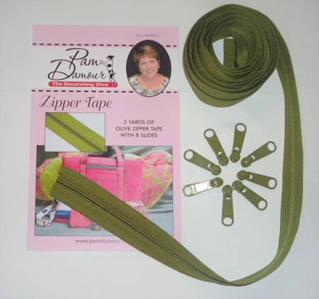ENR-OL Decorating Diva Zipper Tape with Matching Zip Pulls in Olive - Image 1