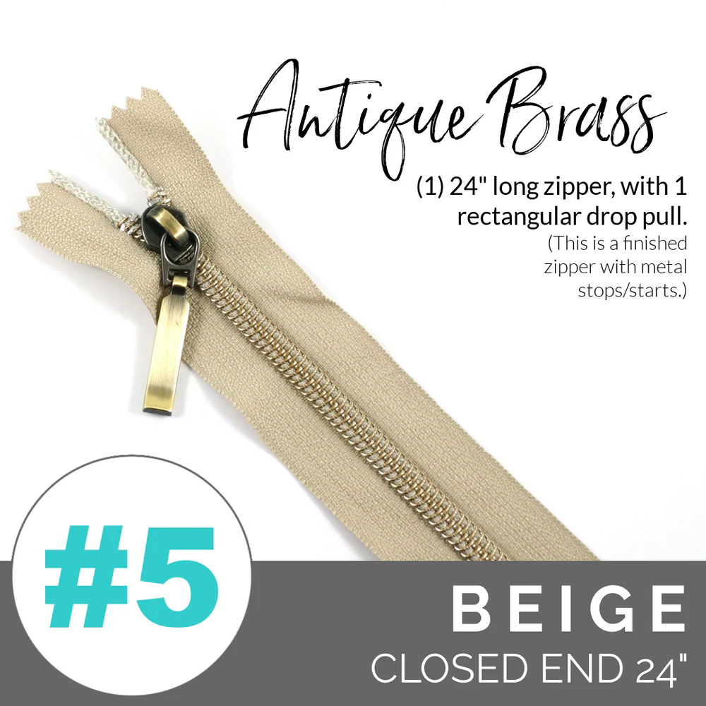 5BEIGEAntiqueBrassZIPPER Emmaline #5 24in Zipper Beige Tape With Antique Brass Coil - Image 1
