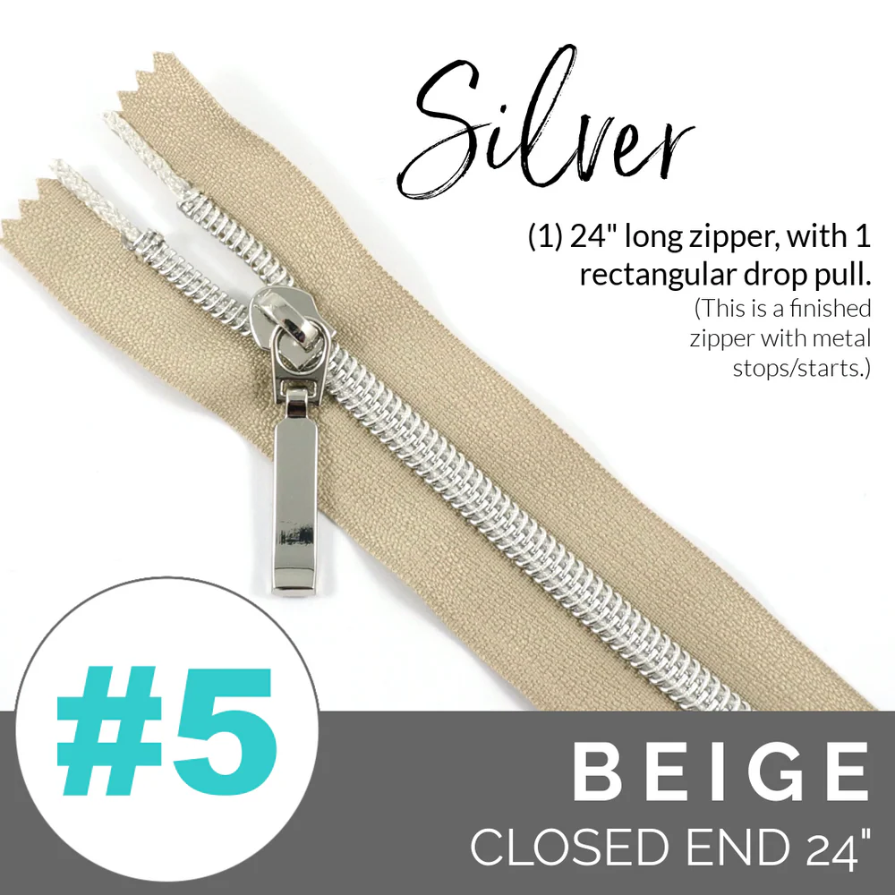 5BEIGESilverZIPPER Emmaline #5 24in Zipper Beige Tape With Silver Coil - Image 1