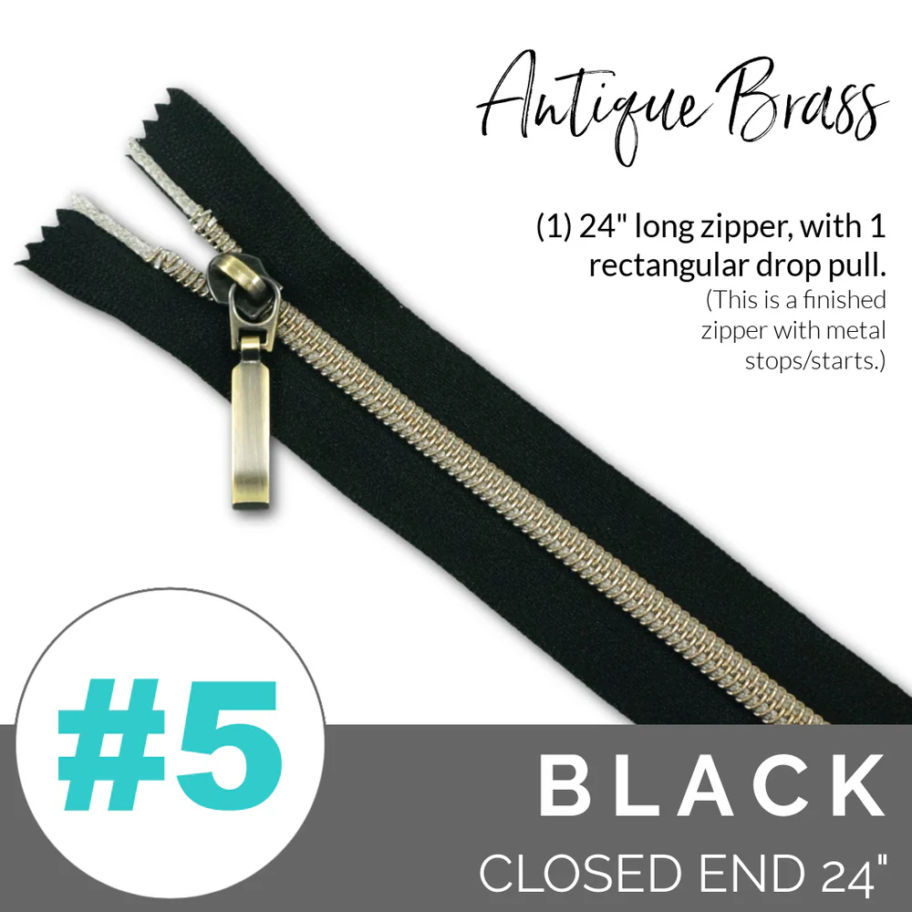 5BLACKABZIPPER Emmaline #5 24in Zipper Black Tape With Antique Brass Coil - Image 1