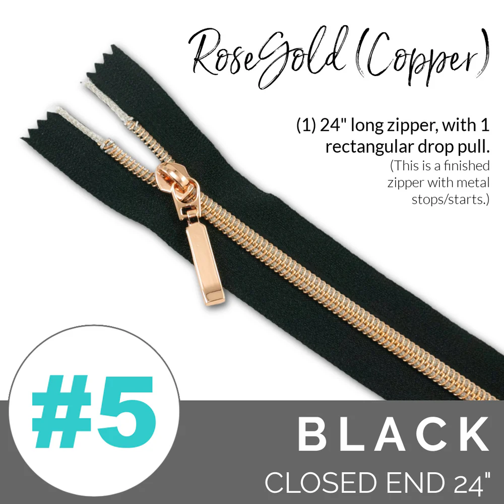 5BLACKCPZIPPER Emmaline #5 24in Zipper Black Tape With Rose Gold Coil - Image 1