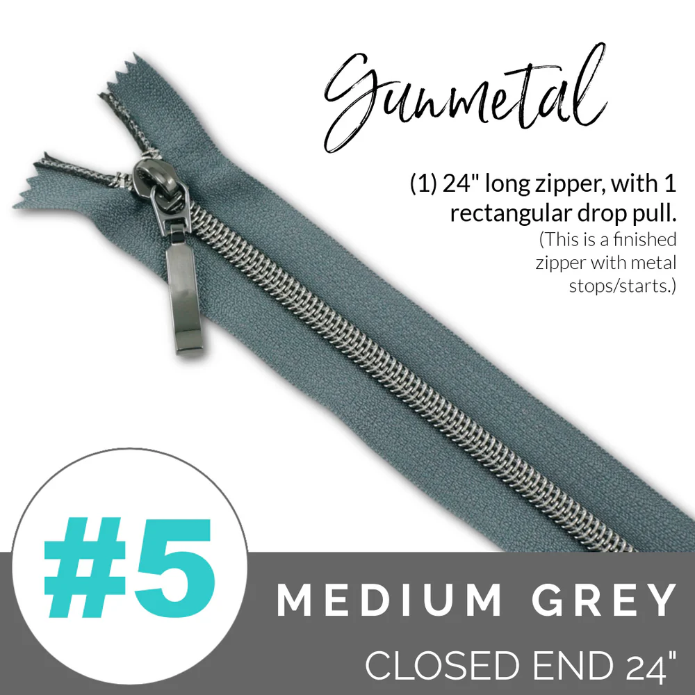 5MEDIUMGREYGunmetalZIPPER Emmaline #5 24in Zipper Medium Grey Tape With Gunmetal Coil - Image 1