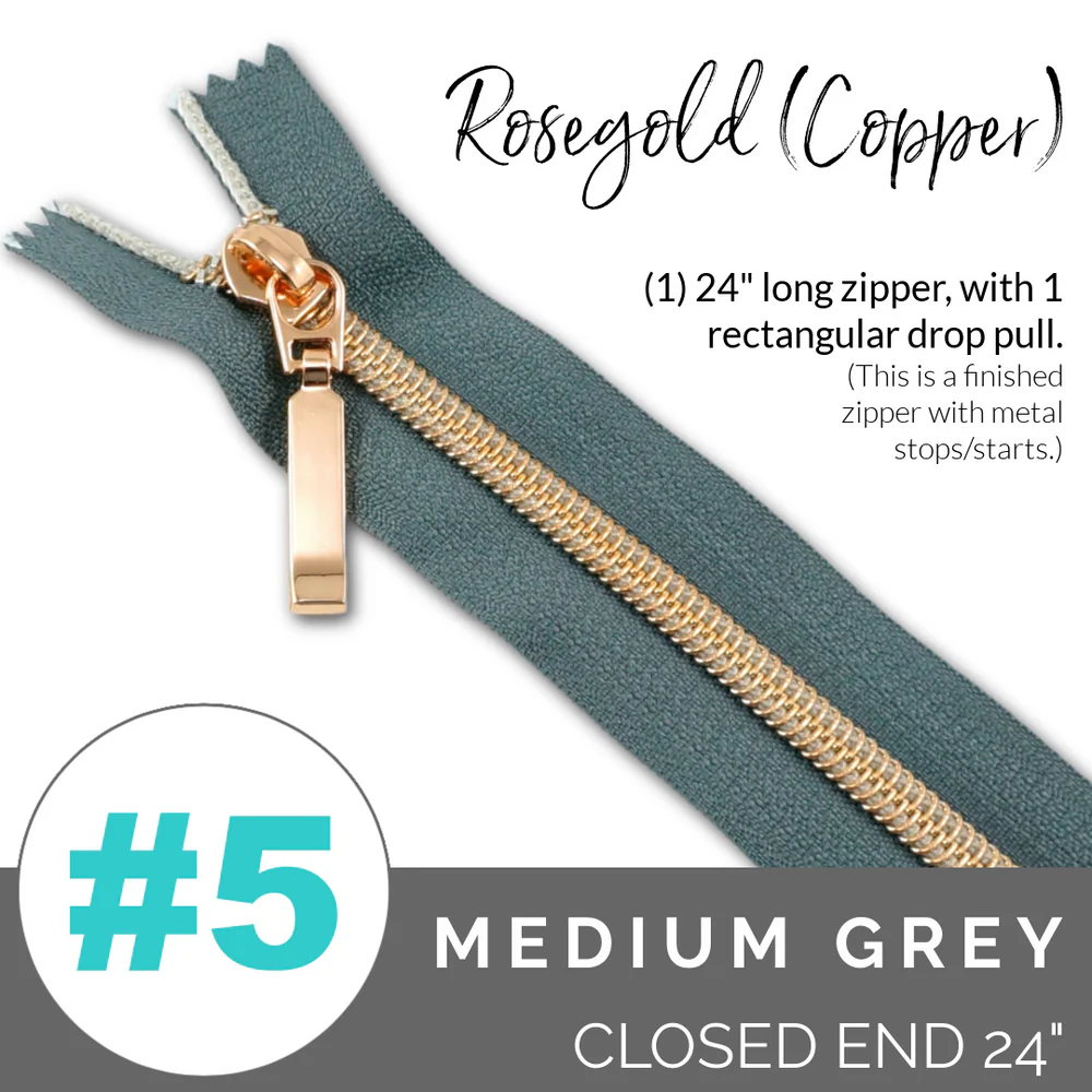 5MEDIUMGREYRoseGoldZIPPER Emmaline #5 24in Zipper Medium Grey Tape With Rose Gold Coil - Image 1