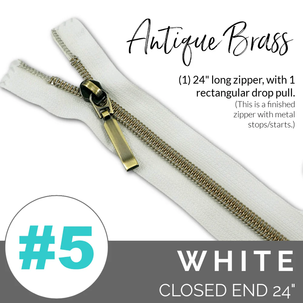 5WHITEABZIPPER Emmaline #5 24in Zipper White Tape With Antique Brass Coil - Image 1