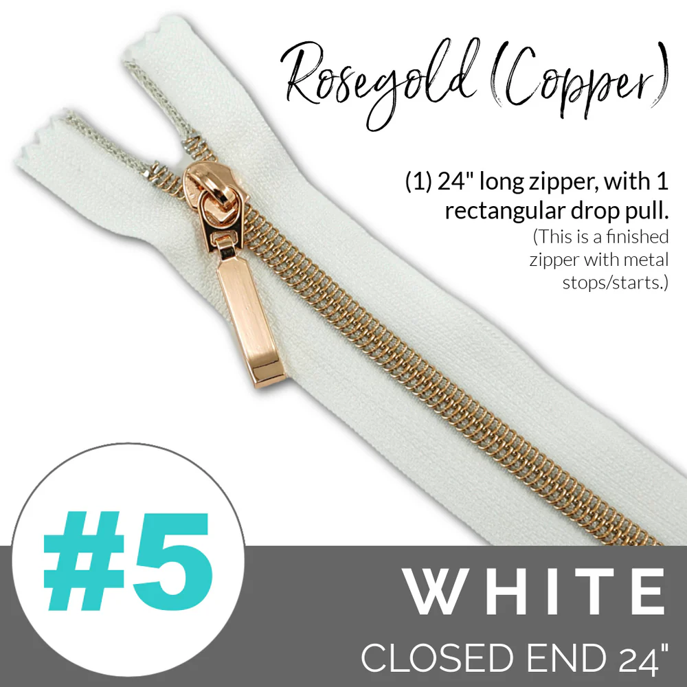 5WHITERoseGoldZIPPER Emmaline #5 24in Zipper White Tape With Rose Gold Coil - Image 1