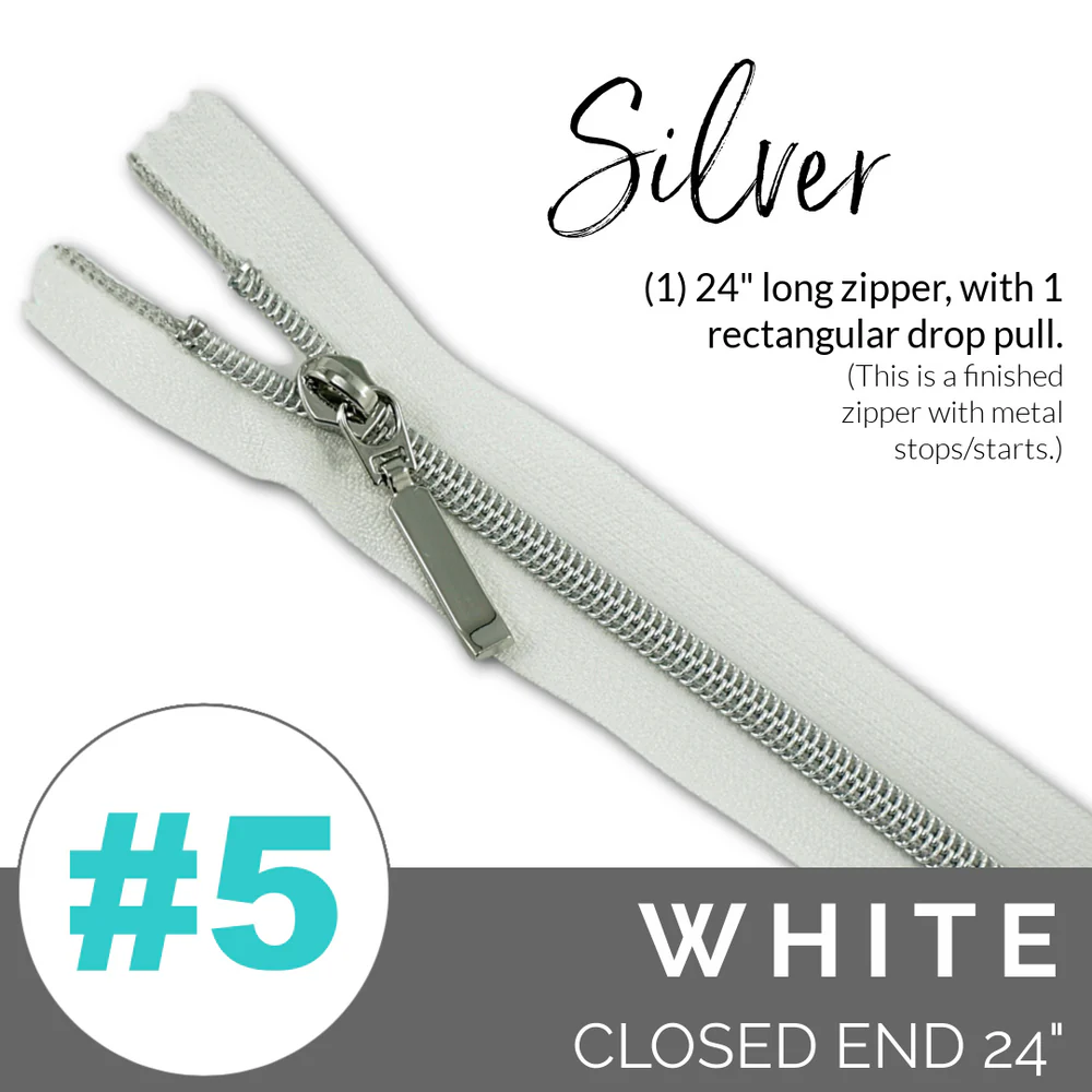5WHITESilverZIPPER Emmaline #5 24in Zipper White Tape With Silver Coil - Image 1
