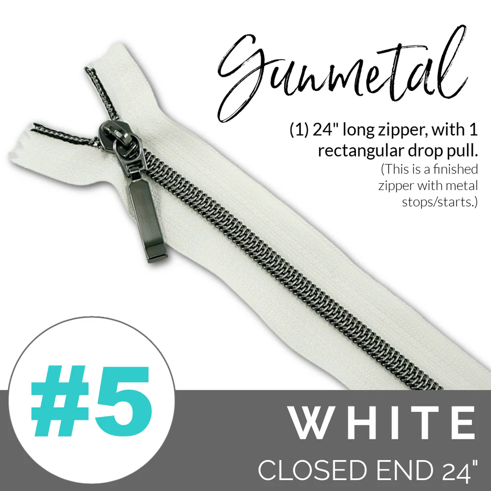 5WHITEgunmetalZIPPER Emmaline #5 24in Zipper White Tape With Gunmetal Coil - Image 1