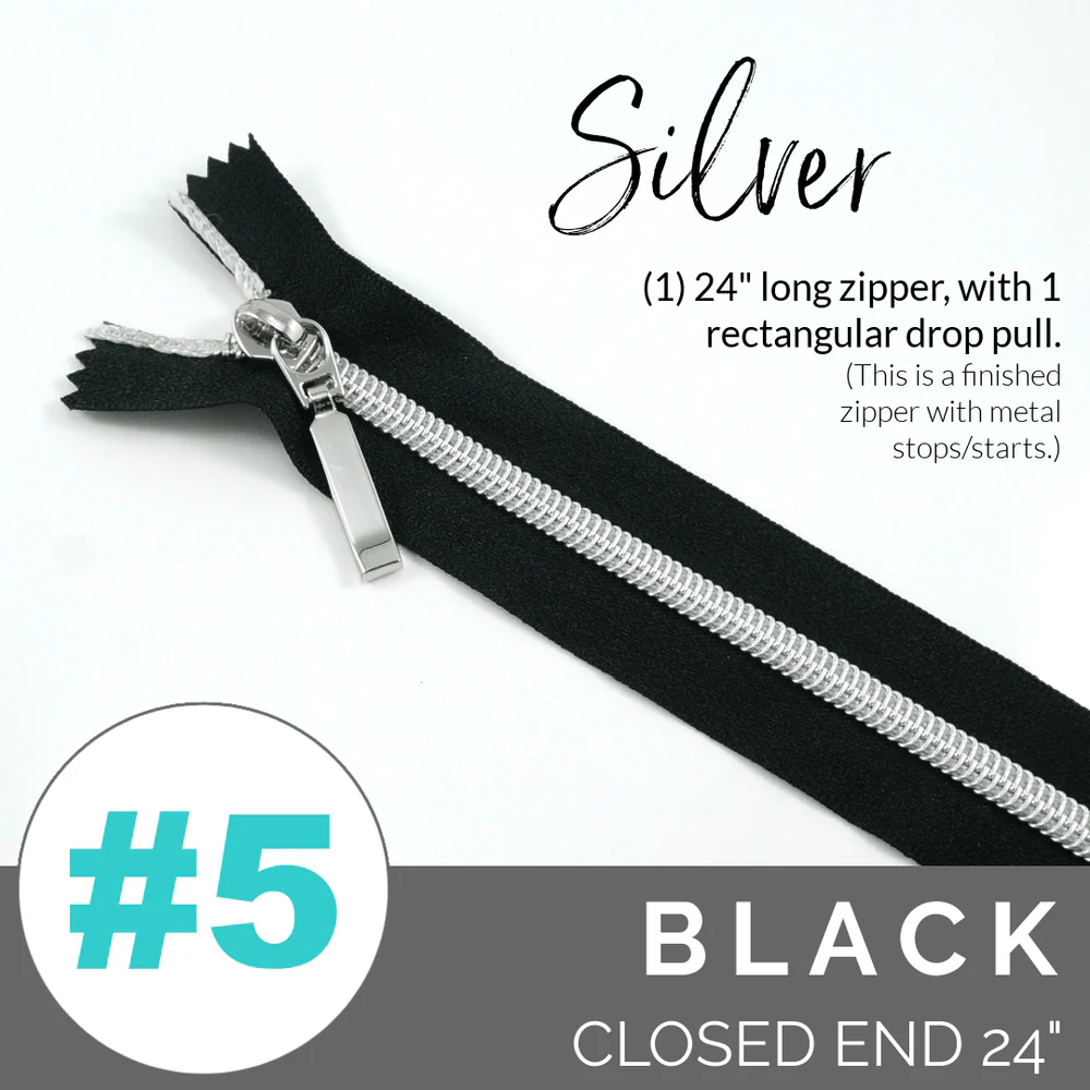 emmaline-24-long-size5-with-rectangle-drop-pull-emmaline-zippers-emmaline-bags-inc-377932 Emmaline #5 24in Zipper Black Tape With Silver Coil - Image 1