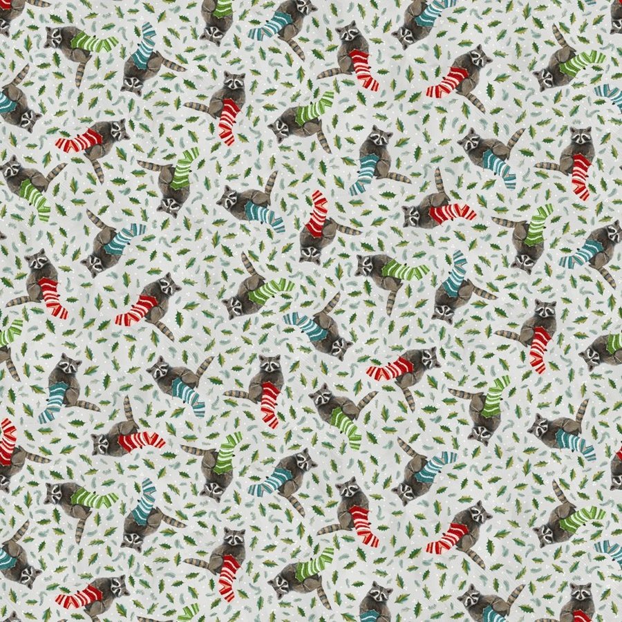 9242-11 Holly Woods Knitting Raccoons Pearl - Image 1